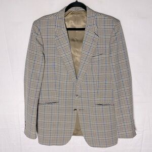 Vintage Damon Wolfe Beige Blue Plaid Wool Blazer Jacket 44L Dadcore Academia